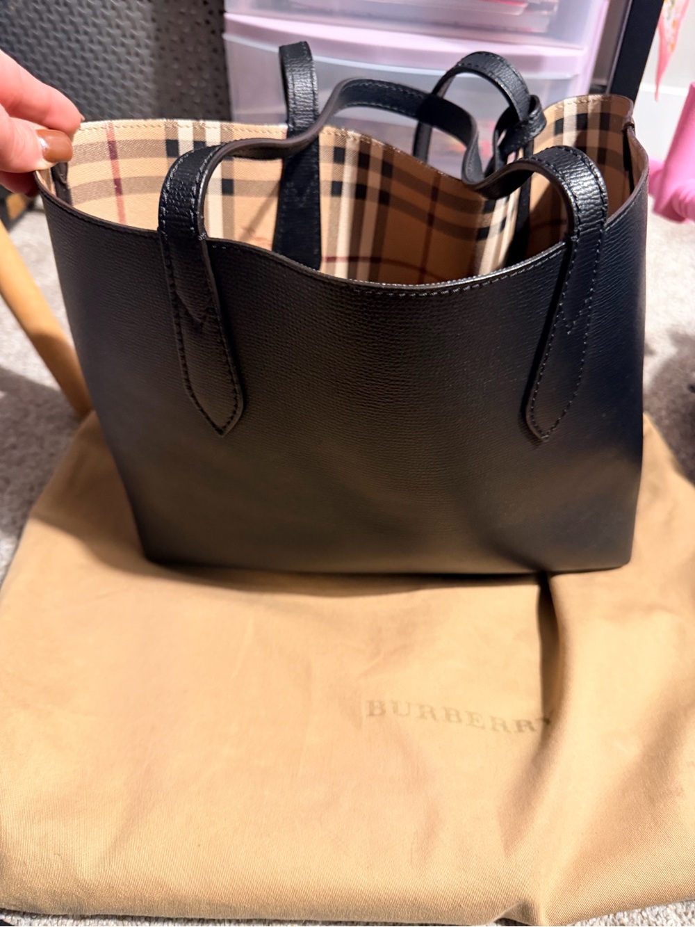 Authentic Burberry Black Leather Tote with Vintage Check Interior